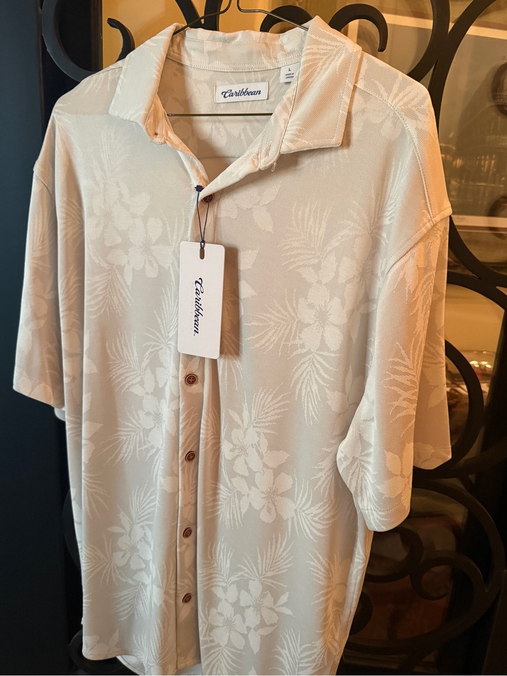 Caribbean Beige Floral Jacquard Short-Sleeve Button-Down Shirt